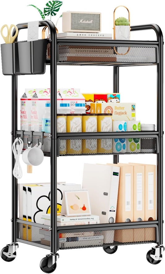 YASONIC 3-Tier Rolling Cart - Metal Utility Storage with Wheels, Hooks & Mesh Basket - Black