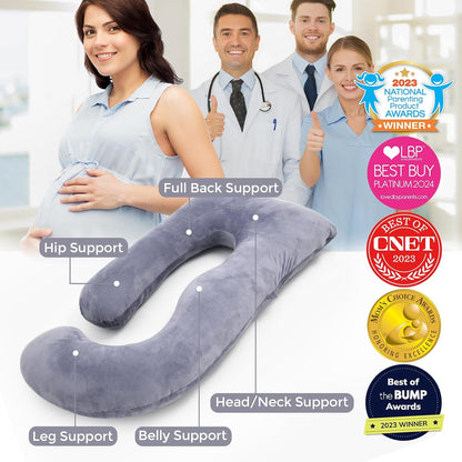 Momcozy U Shaped Pregnancy Pillow - Full Body Maternity Support for Back, Legs & Belly | 57 Inch, Grey