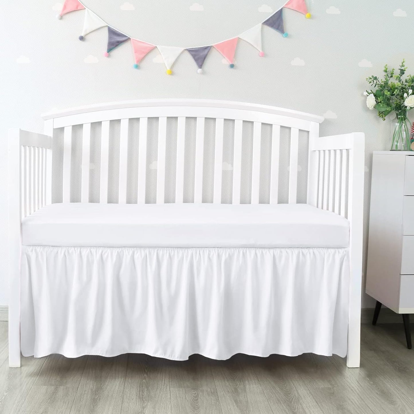 Skiennix Crib Bed Skirt - 28” x 52” Pleated Dust Ruffle with 14” Drop | Soft Solid White Design