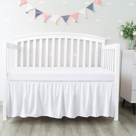 Skiennix Crib Bed Skirt - 28” x 52” Pleated Dust Ruffle with 14” Drop | Soft Solid White Design