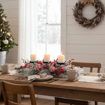 Christmas Candle Holder Centerpiece - Red Ornaments & Berries with Frosted Pine Branches | Holiday Table Decoration