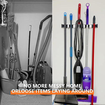Reliahom Broom Holder Wall Mount - 2 Pack with 5 Racks & 4 Hooks | Black Tool Organizer for Garage, Kitchen, Garden, Laundry Room
