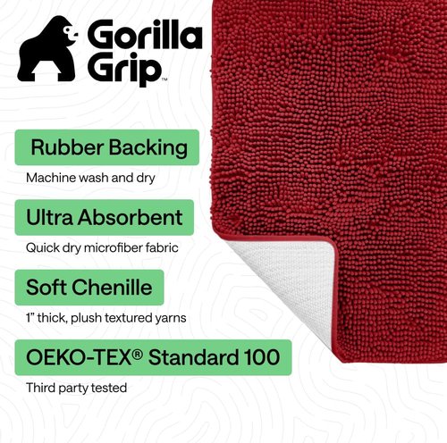 GORILLA GRIP Bath Rug Mat - Soft Absorbent Chenille with Rubber Backing | Quick Dry, 24x17, Red