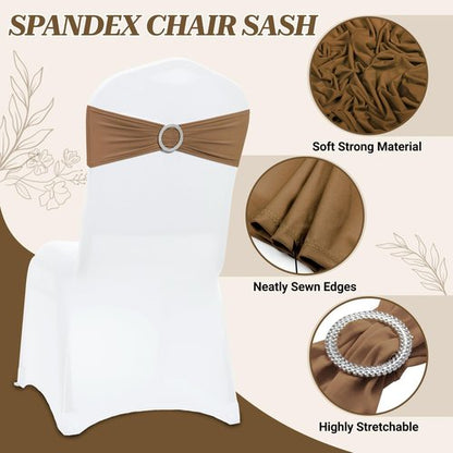 MDS Spandex Chair Sashes - 125 Pack of Elastic Stretch Bows with Buckle Slider for Wedding Decor - Mocha