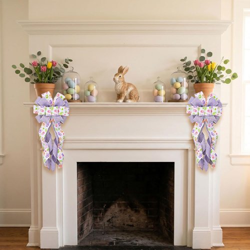 Estivaux Large Easter Wreath Bow - Purple & White Burlap Decor for Front Door & Spring Celebrations