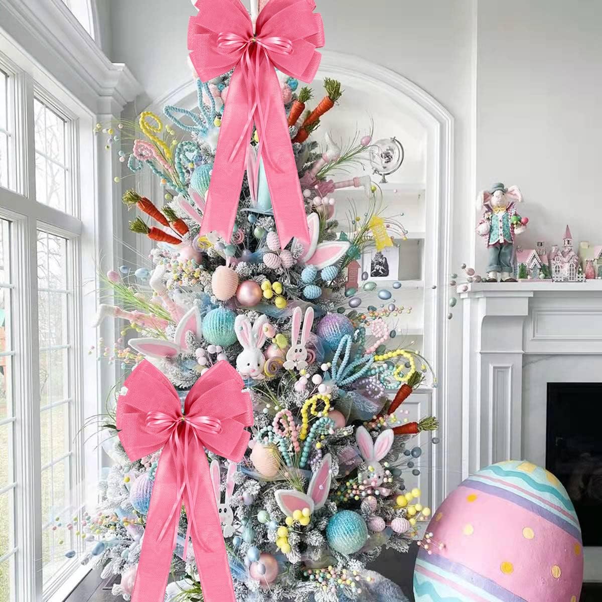 Skiennix Large Pink Easter Wreath Bows - Spring Tree Topper Decor with Burlap & Glitter | 2 Pcs Set