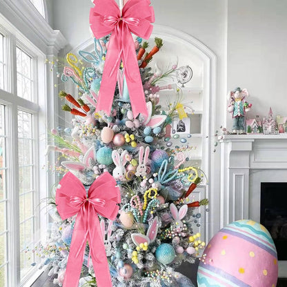Skiennix Large Pink Easter Wreath Bows - Spring Tree Topper Decor with Burlap & Glitter | 2 Pcs Set