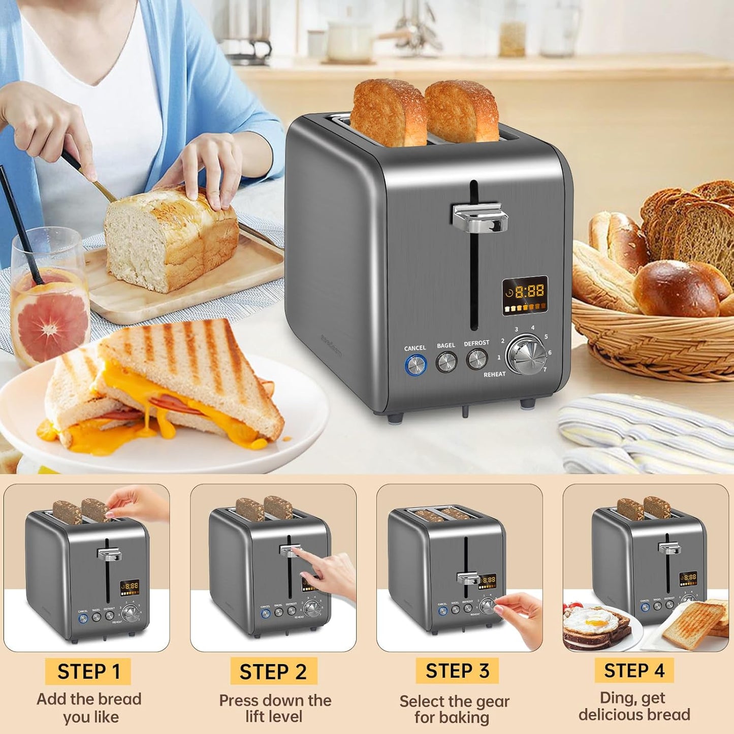 SEEDEEM 2-Slice Stainless Steel Toaster - LCD Display, 7 Shade Settings, 1.4'' Wide Slots, Dark Metallic Finish