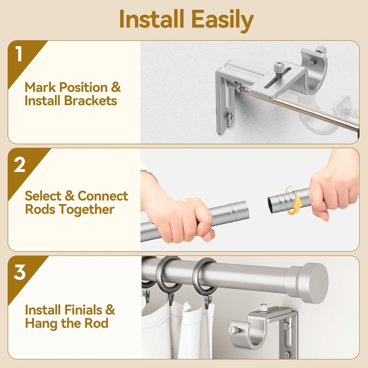 YaFex Curtain Rods - Heavy Duty 1 Inch Adjustable Window Treatment Rods | 32-144 Inch, Modern Silver Design