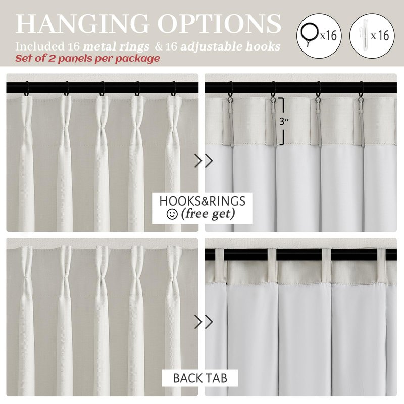 Pleat Viral Linen 90 Inch Blackout Curtains for Bedroom, Pinch Pleated Soundproof Privacy Farmhouse Window Drapes Decor with Hooks Neutral Beige White Nursery/Kids Room Darkening Burg 2 Panels Set