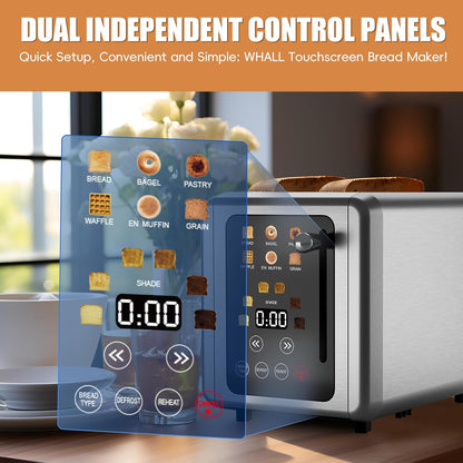 WHALL® Touch Screen Toaster - 2 Slice Stainless Steel with Digital Timer, 6 Bread Types & Shade Settings