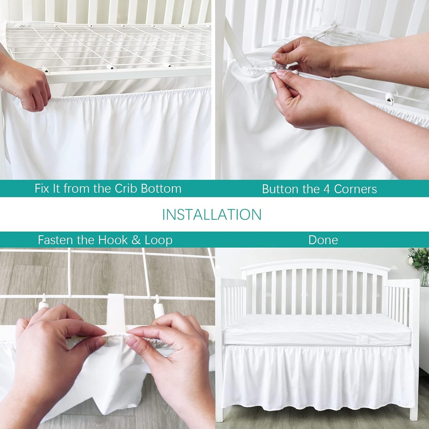 Skiennix Crib Bed Skirt - 28” x 52” Pleated Dust Ruffle with 14” Drop | Soft Solid White Design