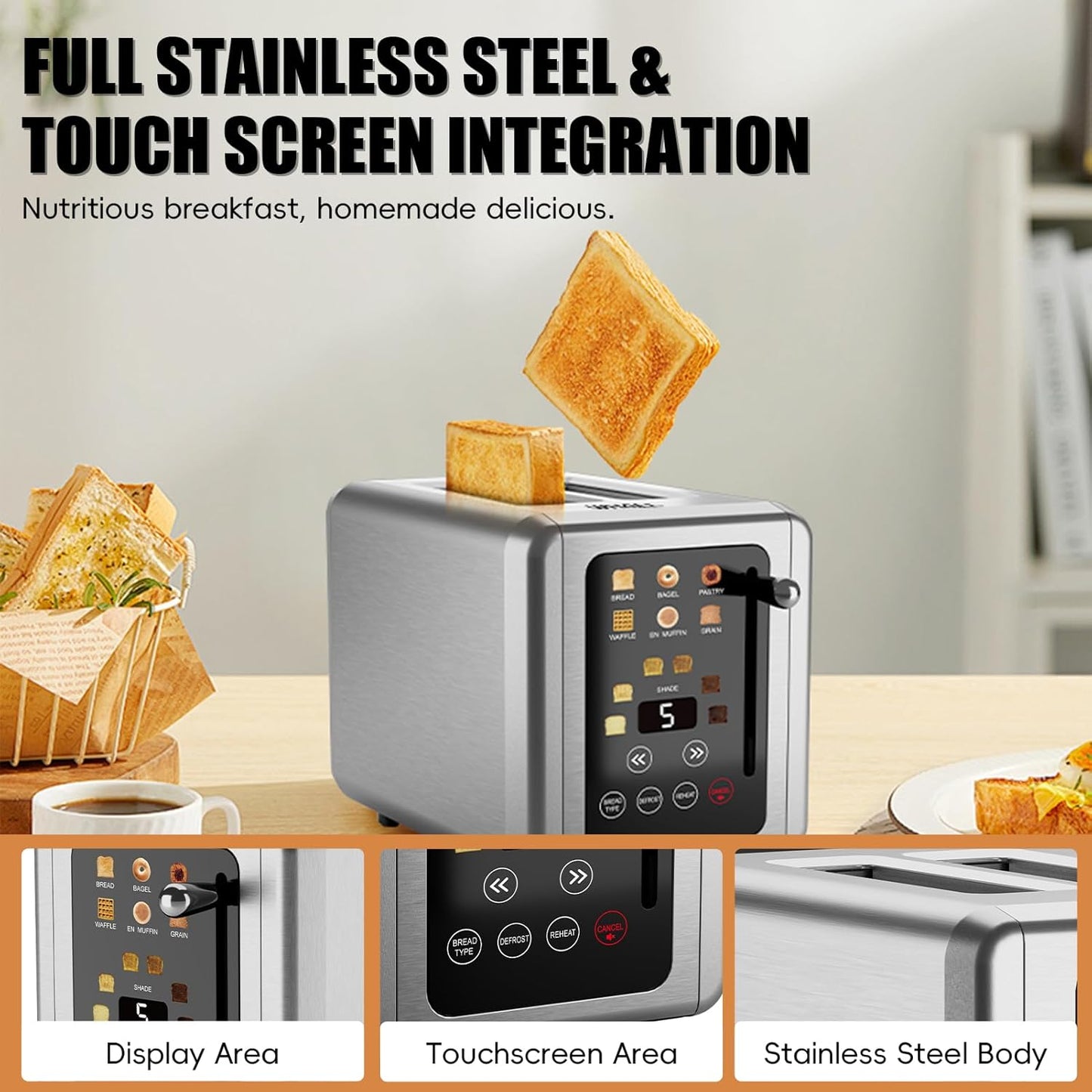 WHALL® Touch Screen Toaster - 2 Slice Stainless Steel with Digital Timer, 6 Bread Types & Shade Settings