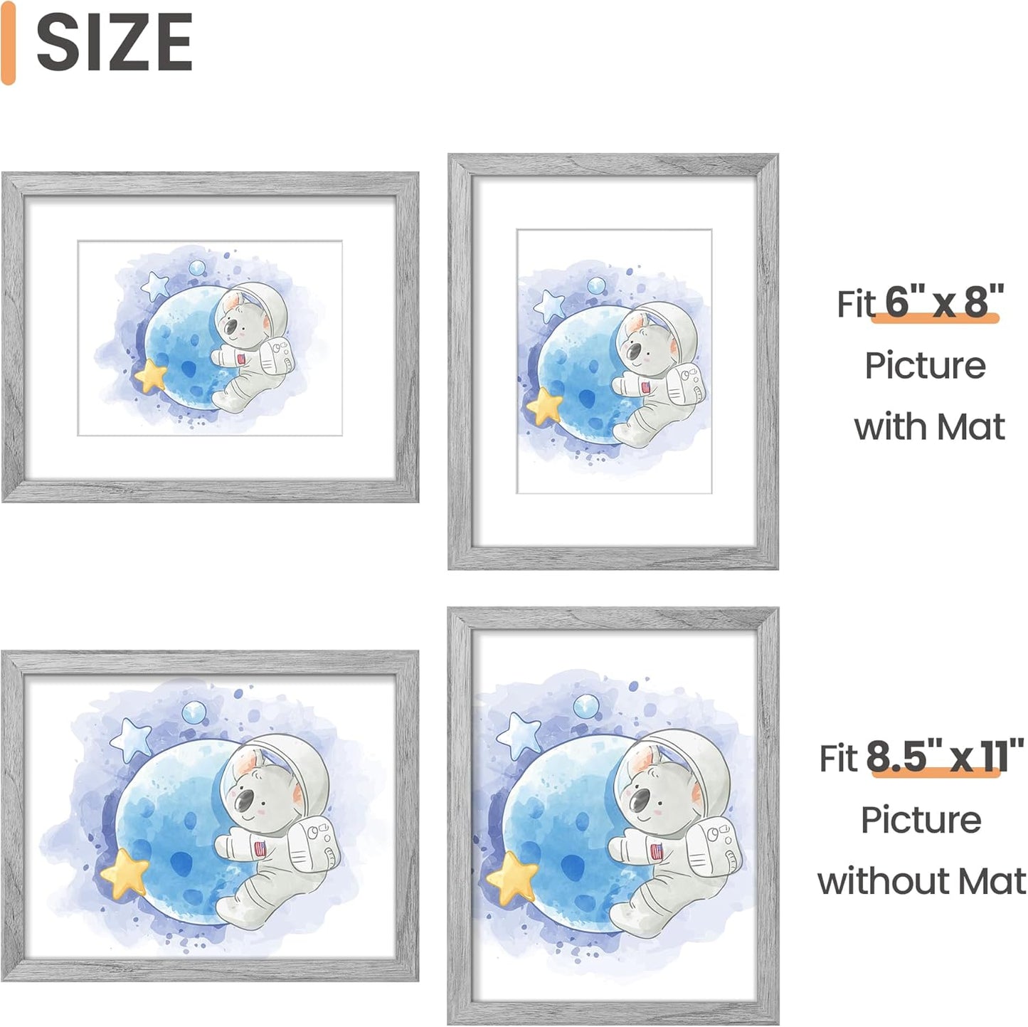 Upsimples 8.5x11 Picture Frame - Versatile Display for 6x8 or 8.5x11 Photos | Gray, 1 Pack