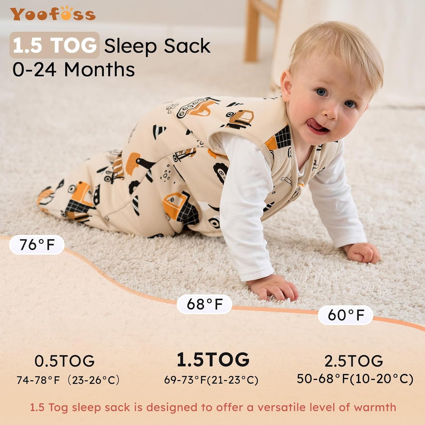 Yoofoss Baby Sleep Sack - 1.5 Tog Wearable Blanket for 12-18 Months | 100% Organic Cotton, Warm & Comfy