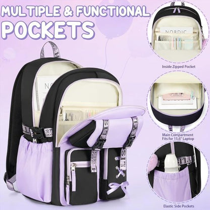 Fimibuke Girls' Backpack Set - 3 PCS Waterproof Design with Lunch Box & Pencil Case | Perfect for School