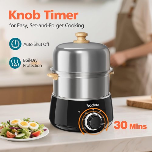 CACHOO 14-Egg Stainless Steel Hard Boiled Egg Cooker - Rapid Cooking with Timer & Auto Shut Off | Compact & Dishwasher Safe, Black