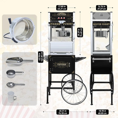 Skiennix 20 Oz Popcorn Machine Cart - Sleek Black Popcorn Maker with Storage Stand & Wheels