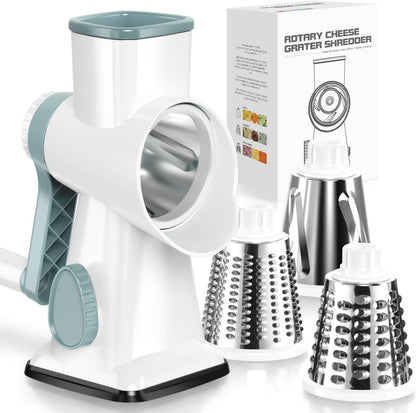 Skiennix Cheese Grater - Hand Crank Stainless Steel Shredder with 3 Blades for Vegetables & Nuts