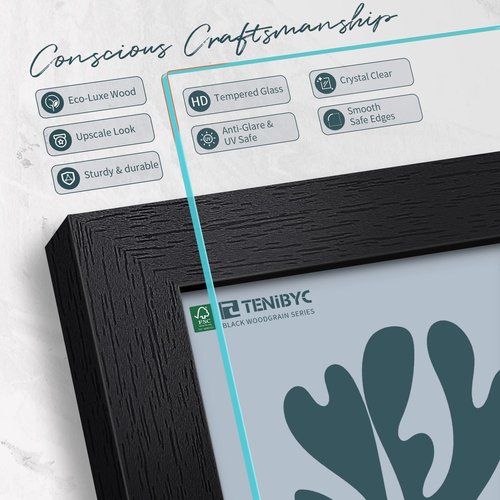 TENIBYC 8.5 by 11 Picture Frame Set of 3 - Black Woodgrain, Solid Wood & HD Tempered Glass, Table Display or Wall Hanging