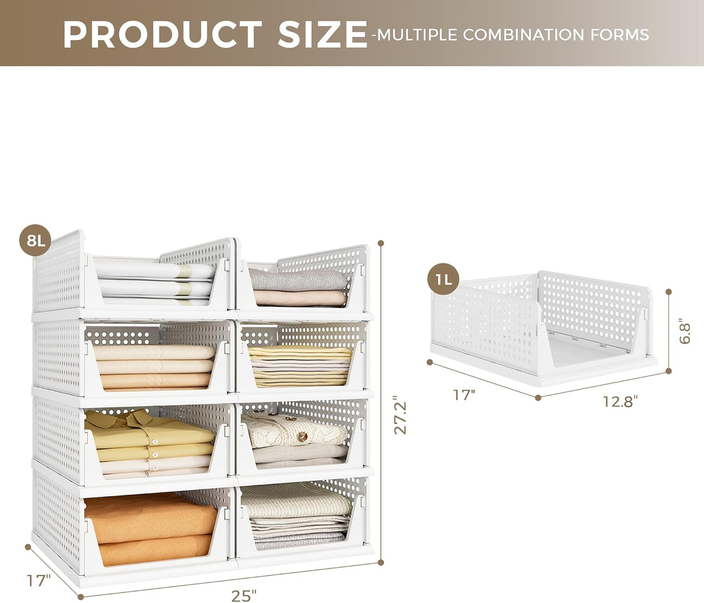 Pinkpum 8-Pack Closet Organizers - Stackable Plastic Storage Bins for Wardrobe, Kitchen & Bathroom - White