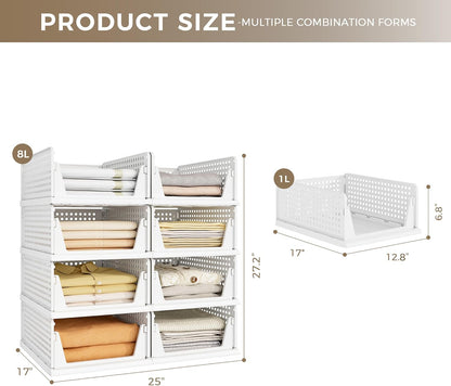 Pinkpum 8-Pack Closet Organizers - Stackable Plastic Storage Bins for Wardrobe, Kitchen & Bathroom - White