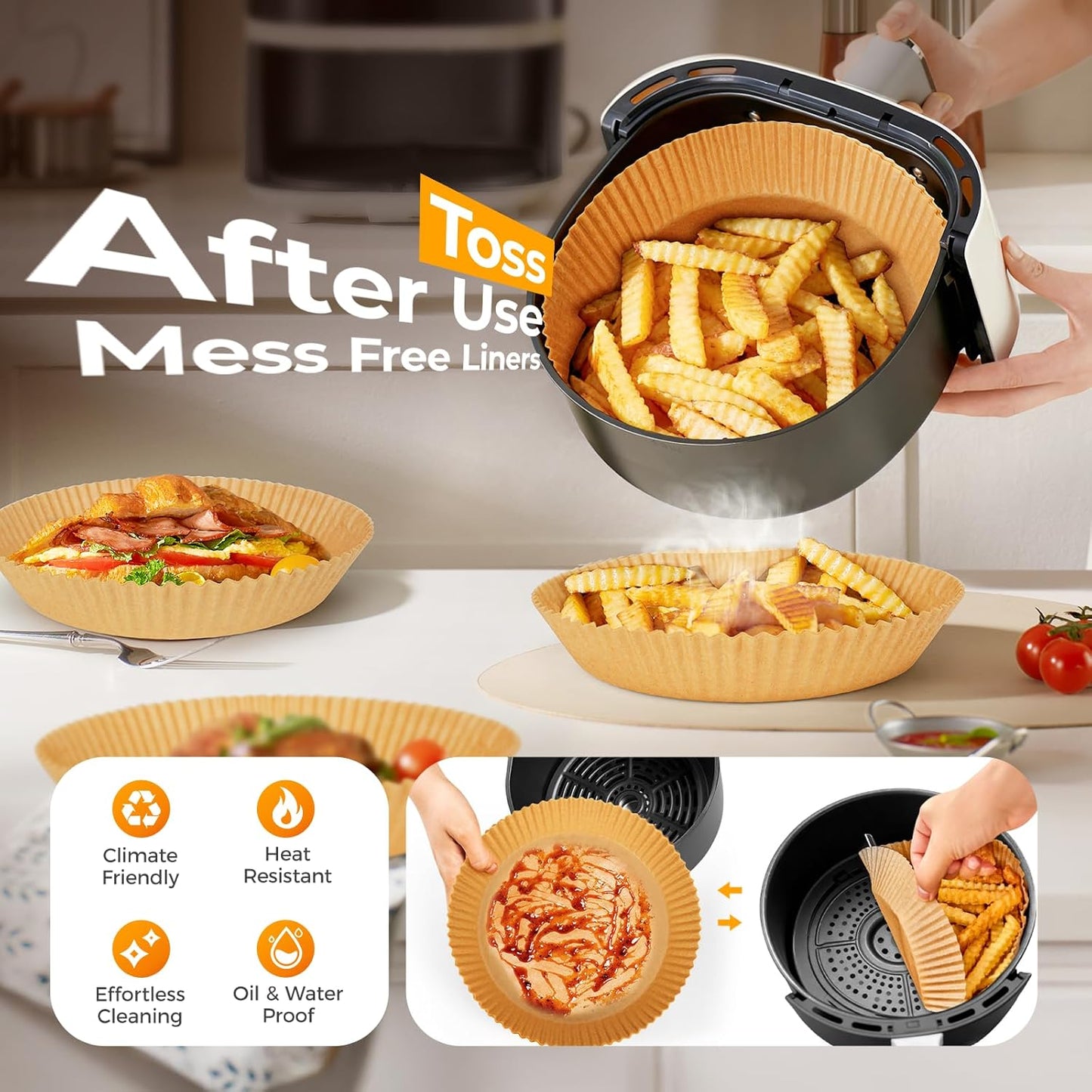 Unbleached Parchment Paper Liners - 250 Pcs 8" Round Disposable Air Fryer Liners | Non-Stick & Leakproof