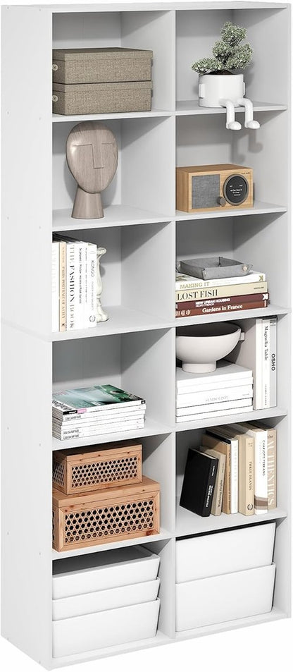 Furinno 12-Cube Bookshelf - Stylish Open Shelf Storage Organizer | 12 x 32 x 71 Inches, White