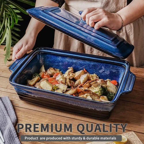 KOOV Ceramic Casserole Dish - Covered Rectangular Lasagna Pan, 9 x 13 Inches, Nebula Blue Reactive Glaze