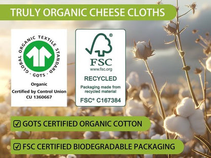 GOTS Certified Organic Cheese Cloths - 100% Cotton Muslin Straining Cloths | 20x20 Inch, 2 Pack