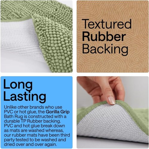 GORILLA GRIP Bath Rug Mat - Plush Absorbent Shaggy Chenille for Oval Toilet Base - Sage, Machine Washable