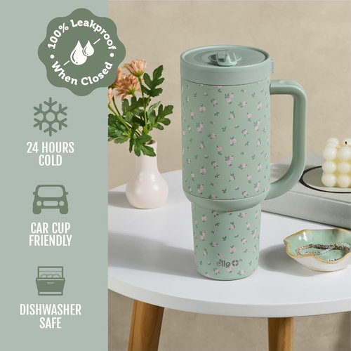 Ello Oasis 40oz Stainless Steel Tumbler - Stylish Full Bloom Design for Hot & Cold Drinks
