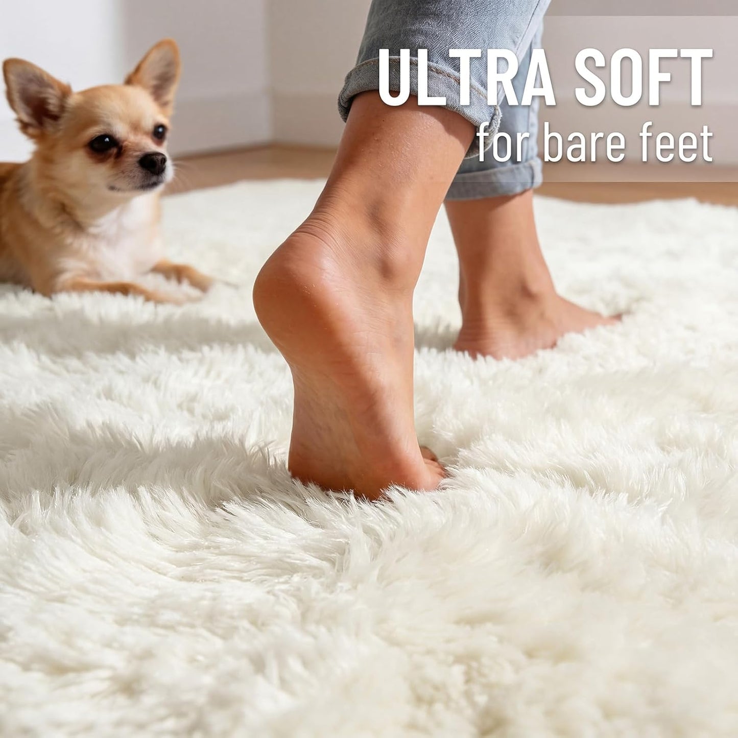OLANLY Area Rug - Soft, Fluffy Shaggy Design for Living Room or Bedroom | Machine Washable Ivory 4x8