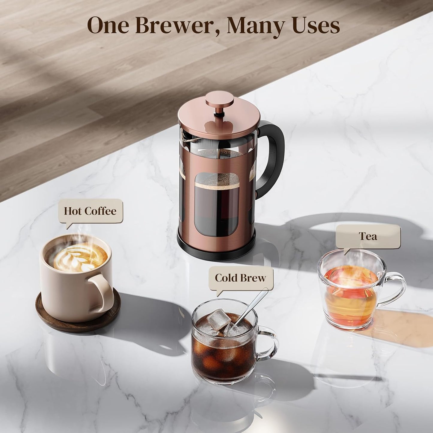Veken French Press Coffee Maker - 21oz Borosilicate Glass Brewer for Cold Brew & Travel | Copper Finish