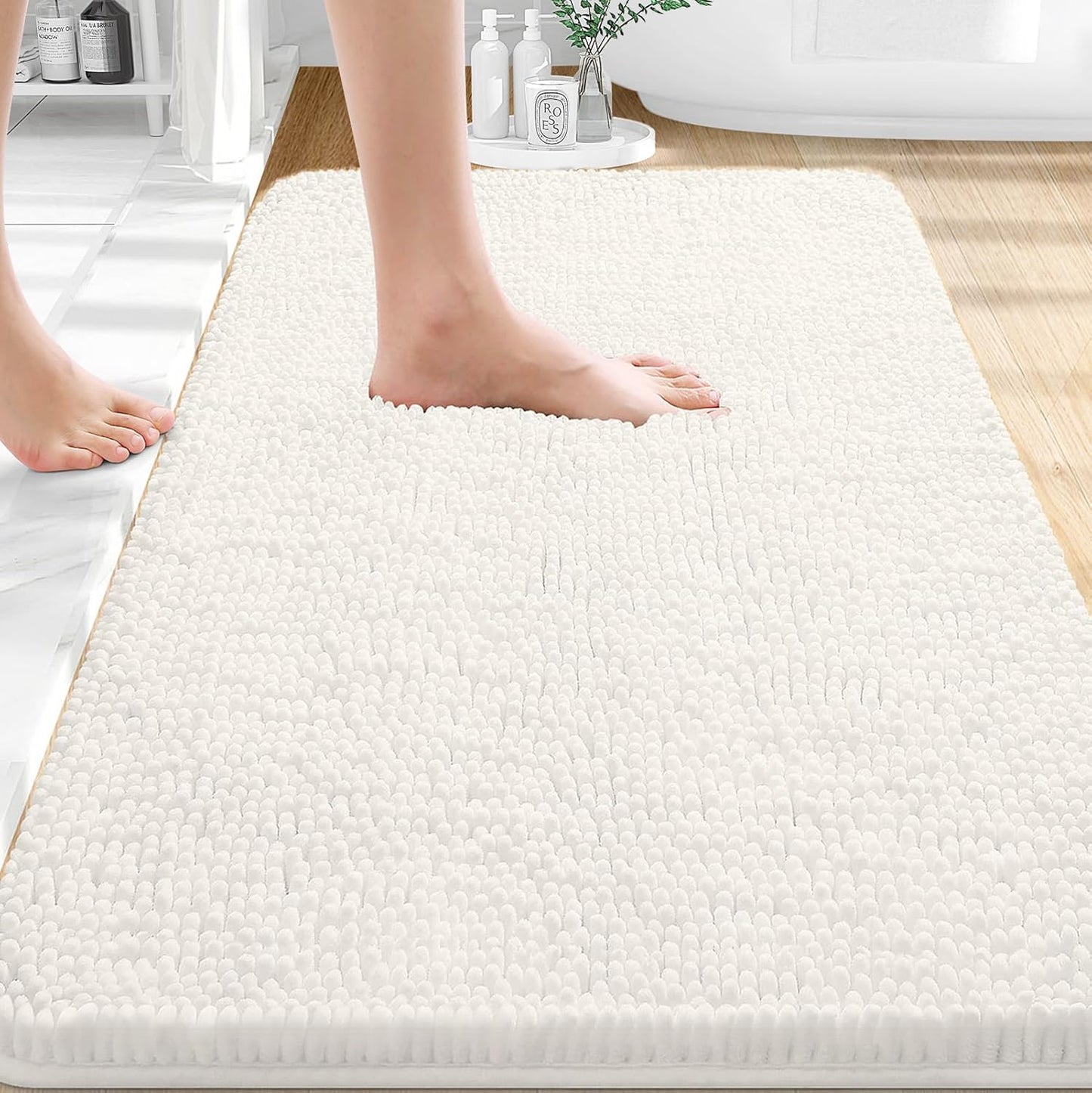 OLANLY Bathroom Rugs - Extra Soft Absorbent Chenille Mats | Quick Dry, Rubber Backing, 35x24, Ivory