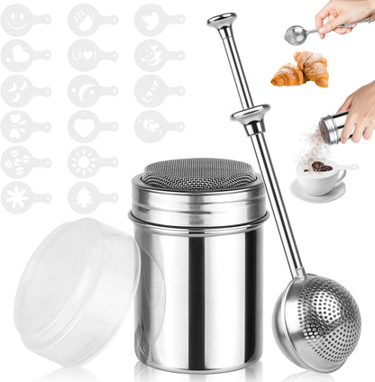 Skiennix Powdered Sugar Shaker Set - Stainless Steel Duster with 16 Coffee Stencils for Baking & Coffee