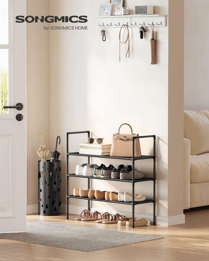 SONGMICS 3-Tier Shoe Rack, Shoe Storage for Hallway Closet, Slim and Space-Saving, Metal Frame, Non-Woven Fabric Shelves, Black ULSH043BH01