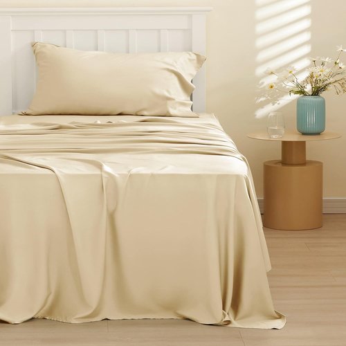 Bedsure Cooling Twin Sheets - Breathable Rayon from Bamboo | Soft, Deep Pocket Up to 16 Inches, Hotel Luxury Alabaster Gleam