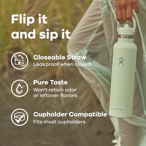 Hydro Flask Water Bottle - Insulated Stainless Steel - Leakproof Straw Lid, 24 Oz Black