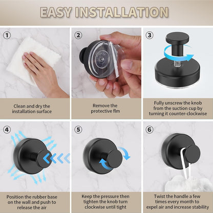 Skiennix Drill-Free Suction Cup Hooks - Stainless Steel for Shower & Bathroom | 4 Pack, Black