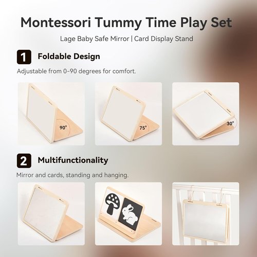IEATFO Tummy Time Play Set - Adjustable Angle Double-Sided Design with Safe Mirror & High Contrast Cards
