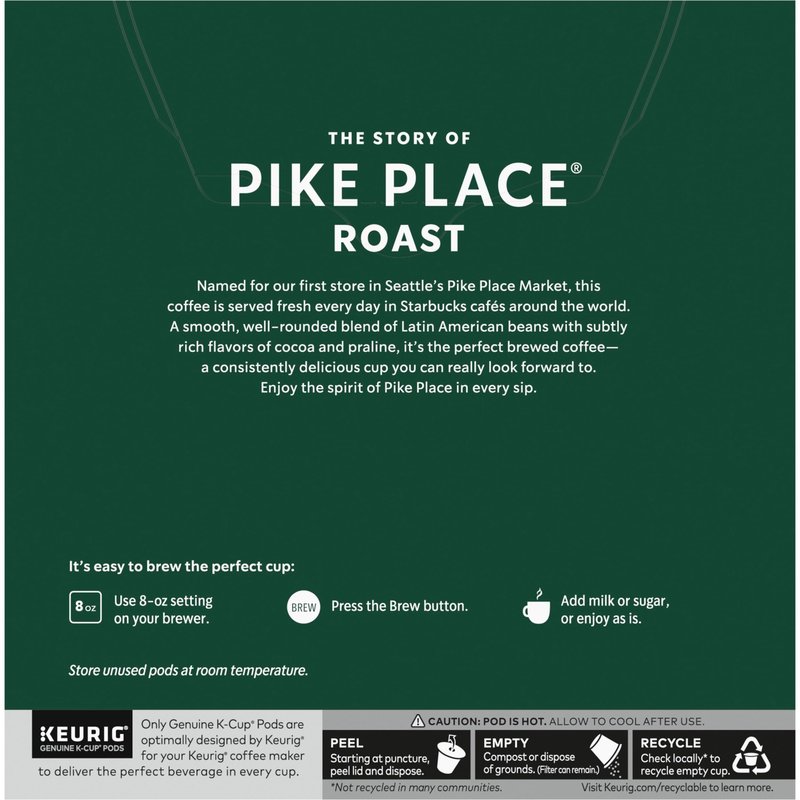 Starbucks K-Cup Coffee Pods, Medium Roast Hot or Iced Coffee, Pike Place Roast, 32 Keurig Pods