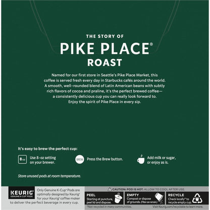 Starbucks K-Cup Coffee Pods, Medium Roast Hot or Iced Coffee, Pike Place Roast, 32 Keurig Pods