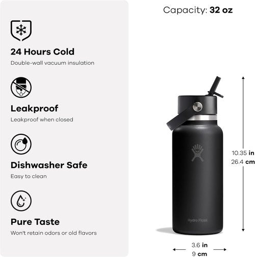 Hydro Flask Water Bottle - Insulated Stainless Steel with Wide Mouth Flex Straw Lid | 32 Oz Shale Gray, Leakproof & Refillable