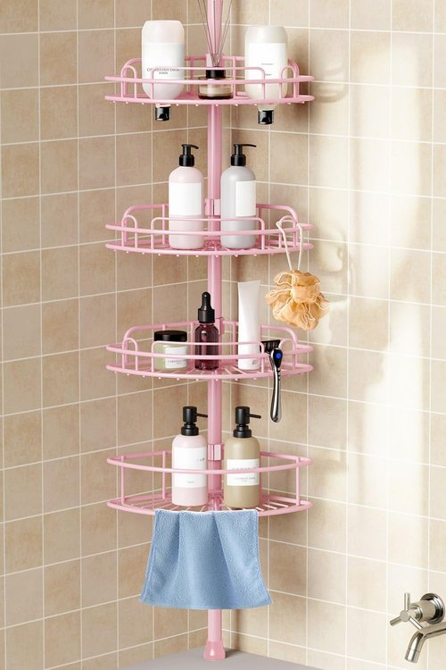 HAMITOR Corner Shower Caddy - 4-Tier Rust-Resistant Bathroom Organizer | Adjustable 47-121 Inch - No-Drill Installation - Space-Saving Pink Shelves