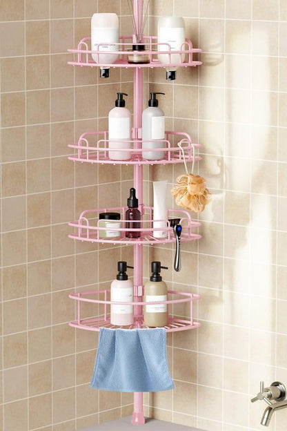 HAMITOR Corner Shower Caddy - 4-Tier Rust-Resistant Bathroom Organizer | Adjustable 47-121 Inch - No-Drill Installation - Space-Saving Pink Shelves