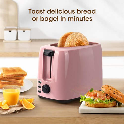 iSiLER 2-Slice Toaster - 1.3-Inch Wide Slot Bagel Toaster with 7 Shade Settings | Pink Finish, Removable Crumb Tray