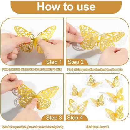 Pymin Butterfly Wall Decor 12 PCS, 3D Butterflies Stickers for Party Decorations with Magnets (Gold, 12)