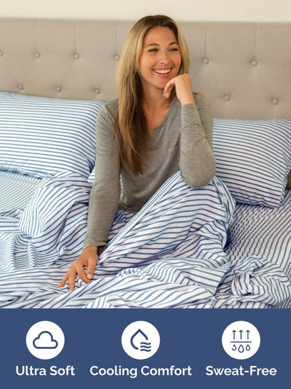 Extra Deep Twin Fitted Sheet - Hotel Luxury Single Fitted Sheet Only - Easily Fits 18 inch to 24 inch Mattress - Ultra Soft, Wrinkle Free with Extra Deep Pockets - Breathable & Comfy - Blue Stripes