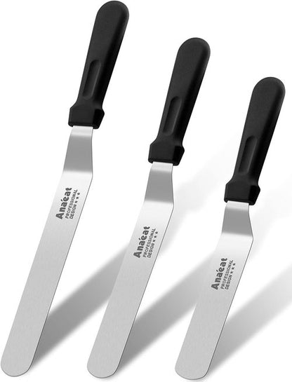 Anaeat Icing Spatulas - Set of 3 Professional Angled Offset Cake Spatulas | 6", 8", 10" Stainless Steel Blades